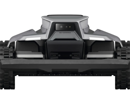 Rückansicht eines Mähroboters mit Raupenantrieb