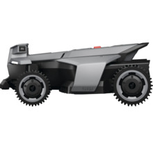 Grauer Mähroboter mit großen Rädern