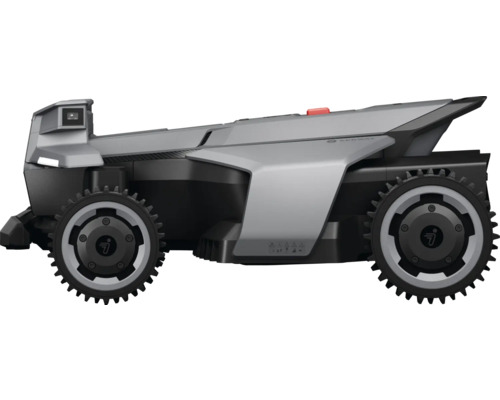 Grauer Mähroboter mit großen Rädern