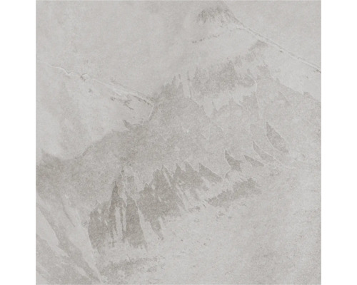 Feinsteinzeugfliese in hellgrauer Schieferoptik mit strukturierter Oberfläche.