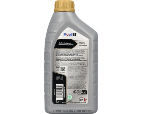 Rückseite einer 1 Liter Flasche Mobil 1 Motoröl 0W-40 mit Spezifikationen und Entsorgungshinweisen.