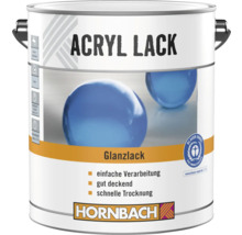 Hornbach Acryl Glanzlack, gut deckend, schnell trocknend, umweltschonendes Siegel Blauer Engel, Hornbach Logo.