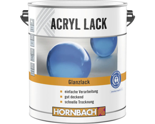 Hornbach Acryl Glanzlack, gut deckend, schnell trocknend, umweltschonendes Siegel Blauer Engel, Hornbach Logo.