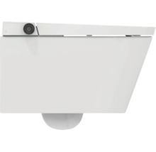 Wand-Dusch-WC aus weißer Keramik in der Seitenansicht mit seitlichem Drehknopf.