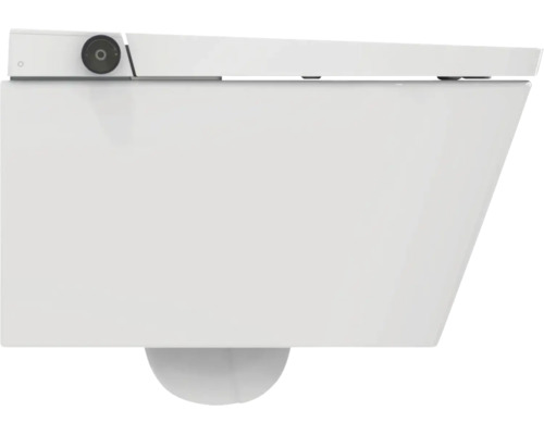 Wand-Dusch-WC aus weißer Keramik in der Seitenansicht mit seitlichem Drehknopf.
