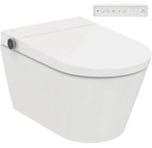 Wandhängende Dusch-Toilette mit seitlichem Drehknopf und separater Fernbedienung mit verschiedenen Funktionssymbolen.