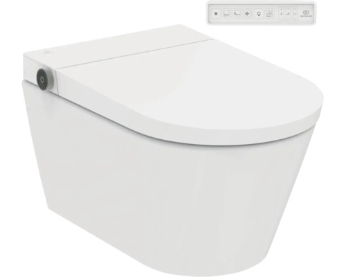 Wandhängende Dusch-Toilette mit seitlichem Drehknopf und separater Fernbedienung mit verschiedenen Funktionssymbolen.