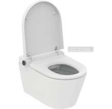 Wandhängendes Dusch-WC aus weißer Keramik mit geöffnetem Deckel und Fernbedienung.