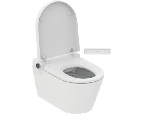 Wandhängendes Dusch-WC aus weißer Keramik mit geöffnetem Deckel und Fernbedienung.