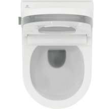 Wand-WC mit Toilettensitz und Deckel in geöffnetem Zustand, Draufsicht, Ideal Standard Logo.