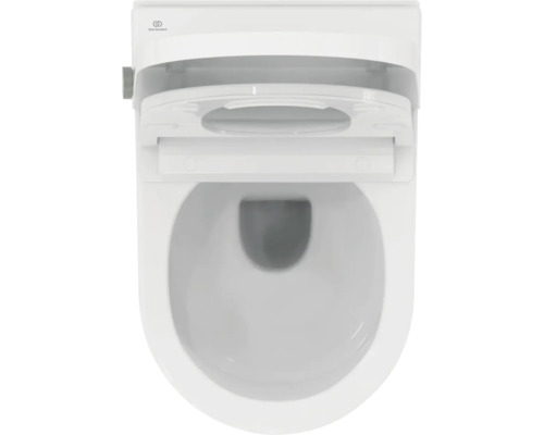 Wand-WC mit Toilettensitz und Deckel in geöffnetem Zustand, Draufsicht, Ideal Standard Logo.