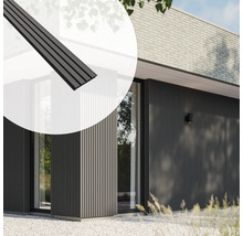 Fassade eines Hauses mit vertikalen Holzpaneelen