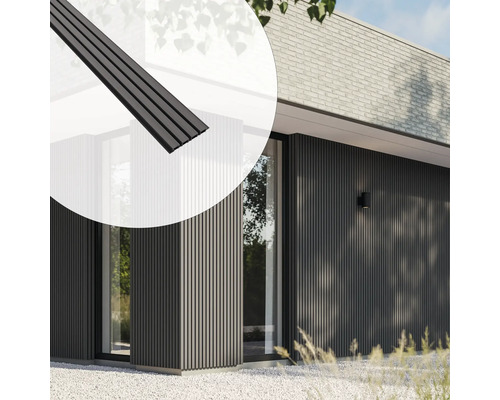 Fassade eines Hauses mit vertikalen Holzpaneelen