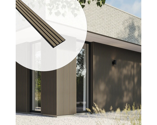 Fassade mit Holzprofilen und Detailansicht