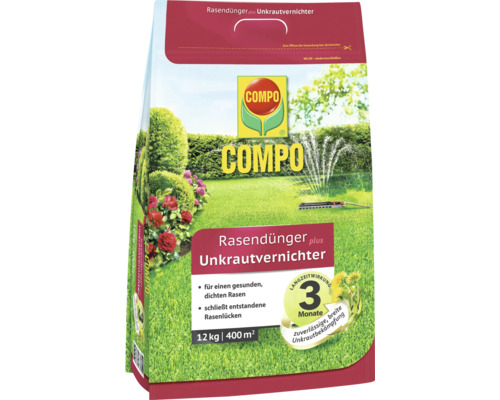 COMPO Rasendünger plus Unkrautvernichter Packung, 12 Kilogramm für 400 Quadratmeter