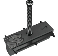 Wolfcraft Terrassenverbinder aus schwarzem Kunststoff mit Edelstahlschraube zur unsichtbaren Befestigung von Terrassendielen.