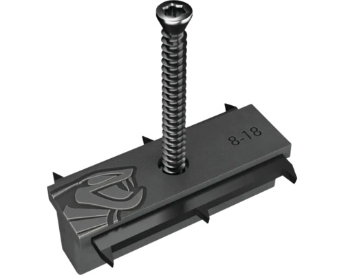 Wolfcraft Terrassenverbinder aus schwarzem Kunststoff mit Edelstahlschraube zur unsichtbaren Befestigung von Terrassendielen.