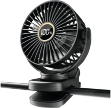 Schwarzer Ventilator mit Clip-Halterung und digitaler Anzeige