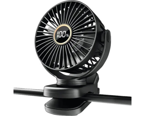 Schwarzer Ventilator mit Clip-Halterung und digitaler Anzeige