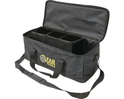 Werkzeugtasche aus Stoff mit Reißverschluss, verstellbarem Schultergurt, Tragegriffen, Innenfächern und Far Tools Logo.