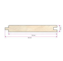 Profilholz Querschnitt mit Nut und Feder, Stärke 19 Millimeter, Deckbreite 136 Millimeter, Gesamtbreite 146 Millimeter.