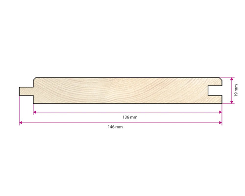 Profilholz Querschnitt mit Nut und Feder, Stärke 19 Millimeter, Deckbreite 136 Millimeter, Gesamtbreite 146 Millimeter.