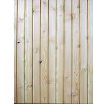 Profilholz aus hellem Holz mit sichtbarer Maserung und Astlöchern.