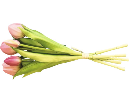 Strauß Tulpen mit rosa Blüten und grünen Blättern.