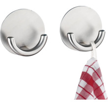 Zwei Wandhaken aus Edelstahl mit runder Basis und U-förmigem Haken, einer davon mit einem karierten Geschirrtuch.