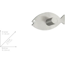 Wandhaken in Fischform aus Edelstahl, Höhe 3,2 Zentimeter, Breite 6,5 Zentimeter, Tiefe 2,8 Zentimeter.