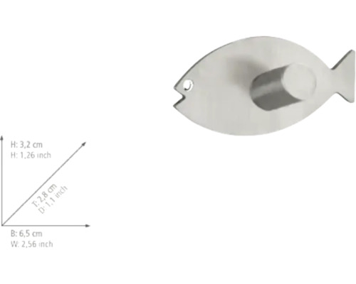 Wandhaken in Fischform aus Edelstahl, Höhe 3,2 Zentimeter, Breite 6,5 Zentimeter, Tiefe 2,8 Zentimeter.