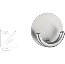 Runder Handtuchhaken aus Edelstahl mit Maßangaben: Höhe 2,5 Zentimeter, Breite 5,3 Zentimeter und Tiefe 5,3 Zentimeter.