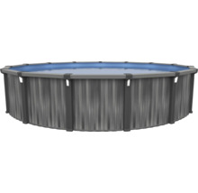 Rundes Aufstellpool mit grauer Außenwand in Holzoptik und blauem Wasser.