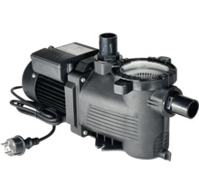Schwarze selbstansaugende Poolpumpe aus Kunststoff mit integriertem Vorfilter, transparentem Deckel und Netzstecker.