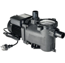 Schwarze Poolpumpe aus Kunststoff mit Vorfilter und Netzstecker.