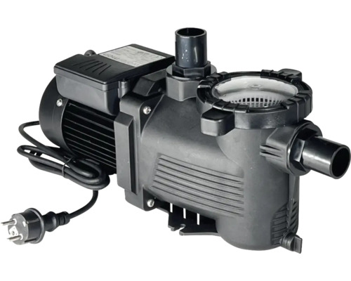 Schwarze Poolpumpe aus Kunststoff mit Vorfilter und Netzstecker.