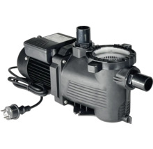 Elektrische Poolpumpe mit Vorfilter und transparentem Deckel zur Wasserzirkulation.