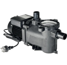 Selbstansaugende Poolpumpe aus Kunststoff mit Vorfilter und Netzstecker.