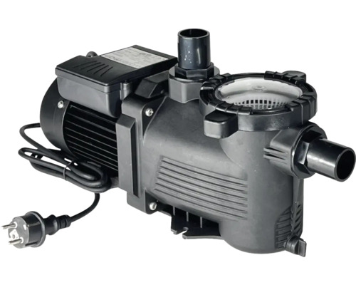 Elektrische Poolpumpe mit integriertem Vorfilter und Stromkabel.