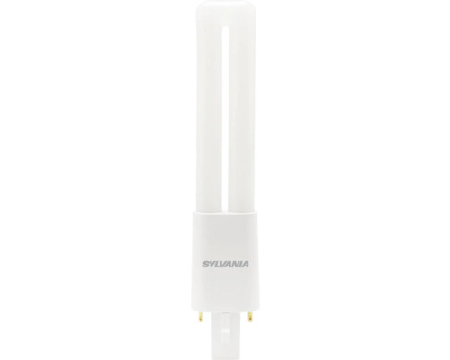 Weiße Sylvania Kompaktleuchtstofflampe in U-Form mit zwei Röhren und einem Sockel mit zwei Stiften.
