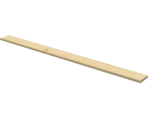 Langes Holzbrett aus hellem Holz mit vorgebohrten Löchern.