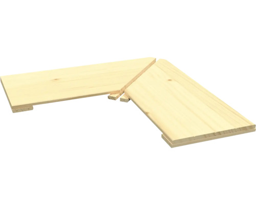 Eckelement für Holzregale aus hellem Nadelholz zur Erweiterung von Regalsystemen.
