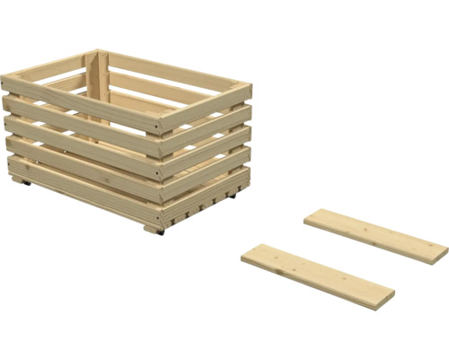 Holzkiste aus hellen Latten mit zwei zusätzlichen Holzbrettern.