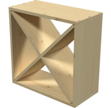 Weinregal-Element aus hellem Holz mit X-Einsatz zur Aufbewahrung von Flaschen in vier Fächern.