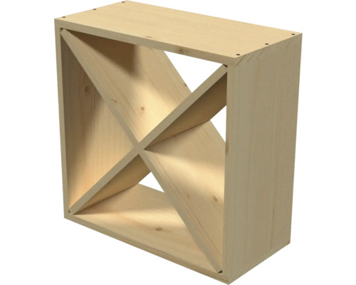 Weinregal-Element aus hellem Holz mit X-Einsatz zur Aufbewahrung von Flaschen in vier Fächern.