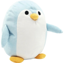 Plüschtier Pinguin aus weichem Textil in Hellblau und Weiß mit gelbem Schnabel und Füßen.