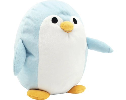 Plüschtier Pinguin aus weichem Textil in Hellblau und Weiß mit gelbem Schnabel und Füßen.