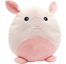 Rundes rosa Plüschschwein aus weichem Stoff mit Ohren und kleinen Füßen.
