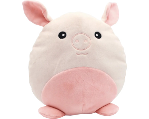 Rundes rosa Plüschschwein aus weichem Stoff mit Ohren und kleinen Füßen.