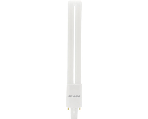 Weiße Sylvania Kompaktleuchtstofflampe mit Zweistiftsockel.